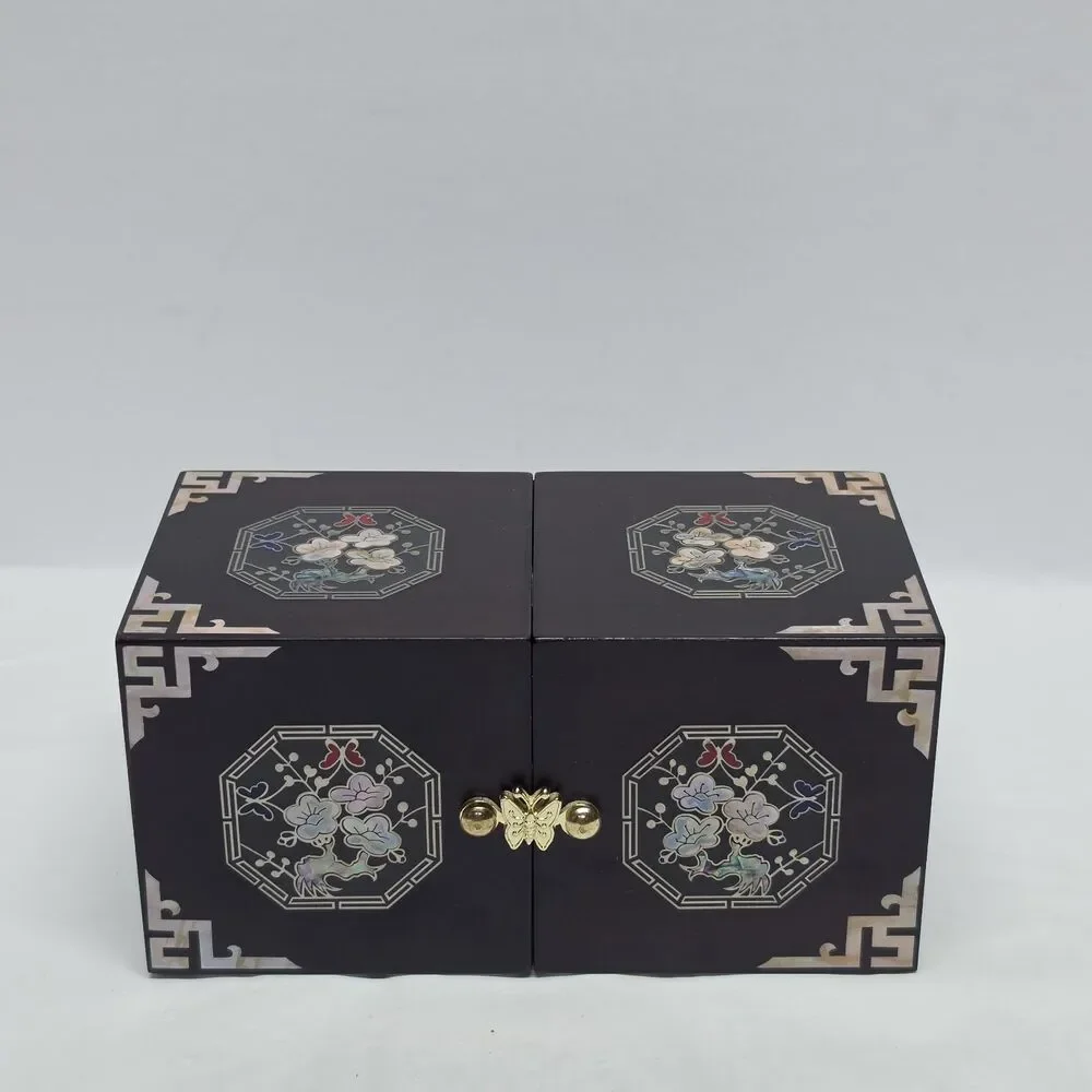 Vintage Korean Traditional Mother Of Pearl Inlay Twin Cube Folding Jewelry Box